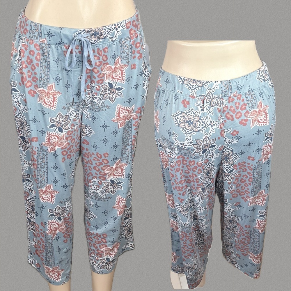 Jaclyn Intimates L Light Blue Floral Capri Pajama Pants Lounge Side Pockets